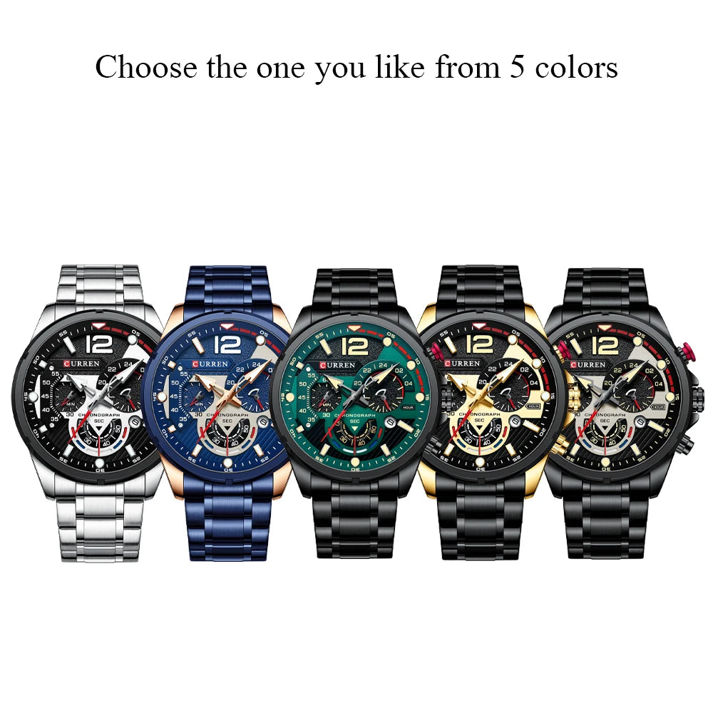 CURREN Fashion Quartz Watches Men Casual Sport Wristwatch with Stainless Steel Chronograph Dial Clock with Luminous