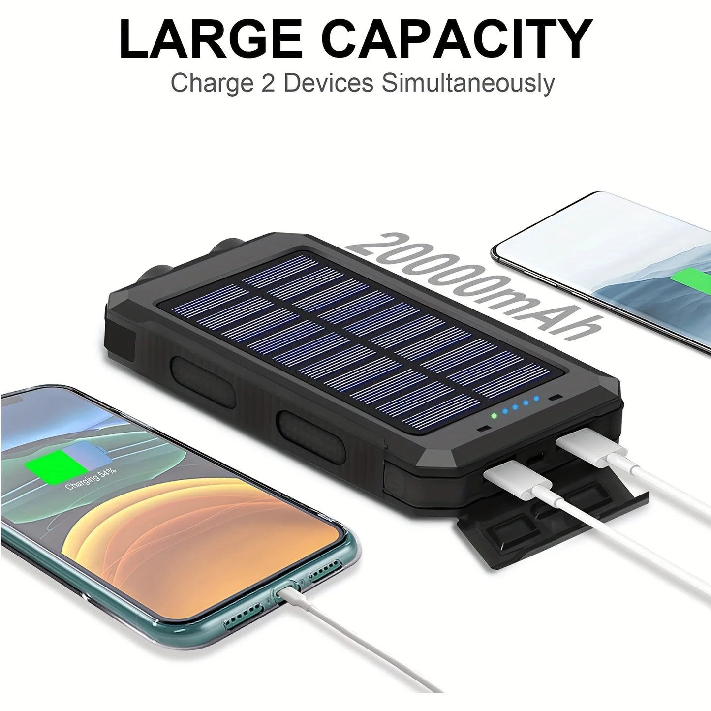 Solar Charger Power Bank 20000mAh Portable External Battery Pack 5V Fast ChargingSuper Bright Flashlight Panel Charging