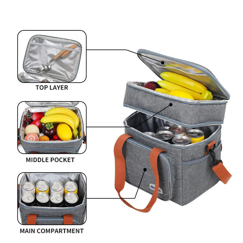 Large Capacity Double Layer Crosbody Lunch Bags Thermal Insulation Picnic Food Beverage Bag Outdoor Ice Bag Travel Storage Bags