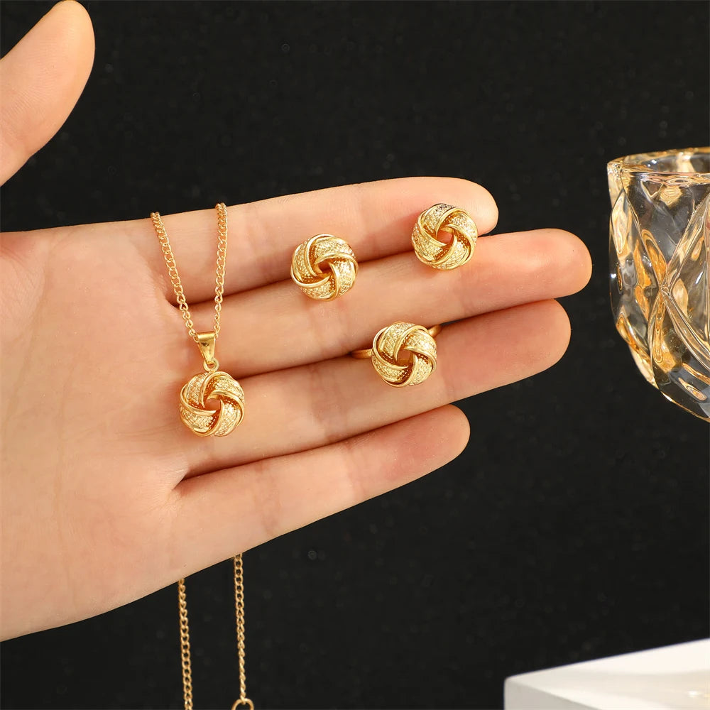 Gold Color Alloy Metal Twist Lucky Knot Earrings Necklace Ring Jewelry Set for Women Girls Trendy Geometric Vintage Accesories