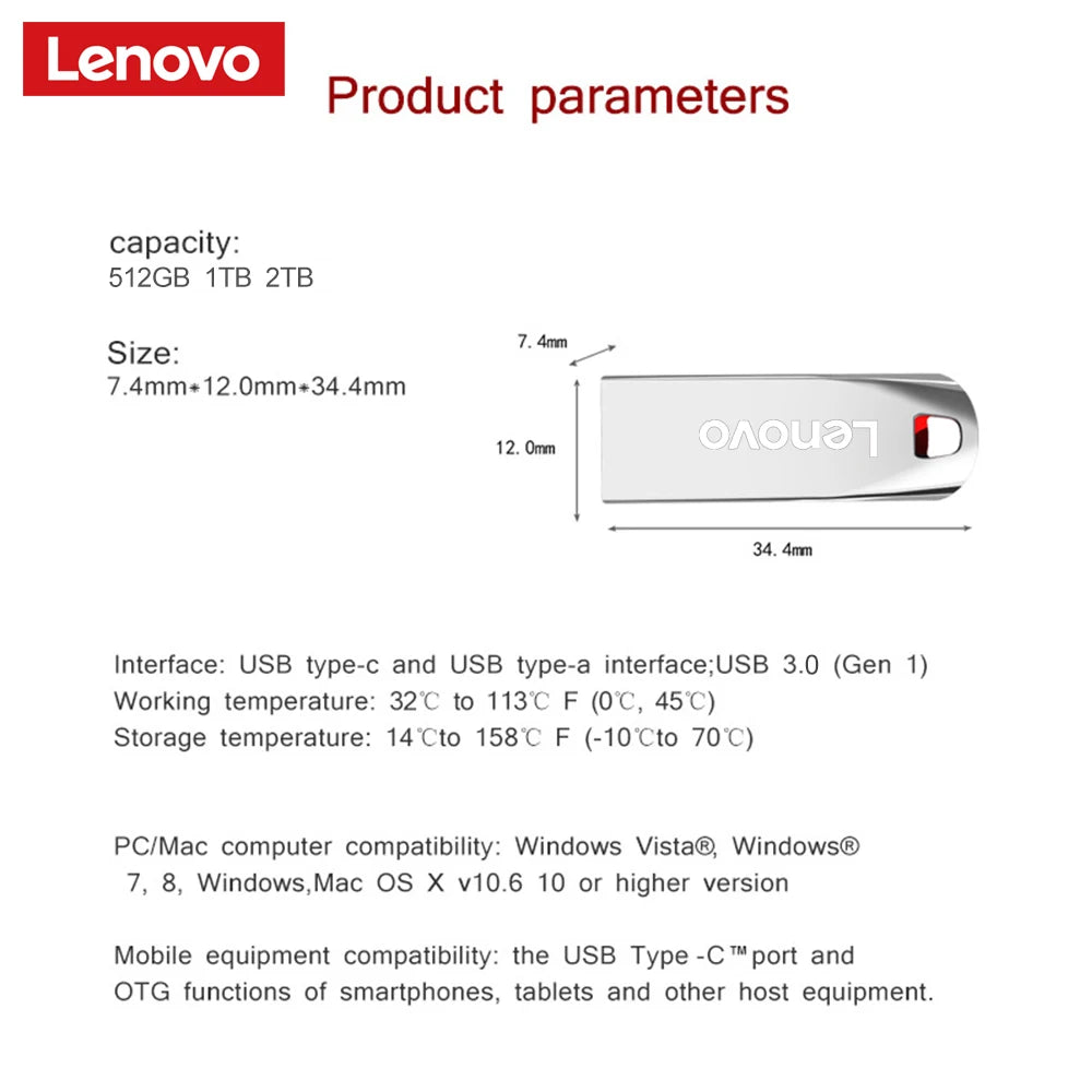Lenovo Flash Drives 2TB Usb 3.0 Mini High Speed Metal Pendrive 1TB 512GB Stick Portable Drive Waterproof Memoria Storage U Disk