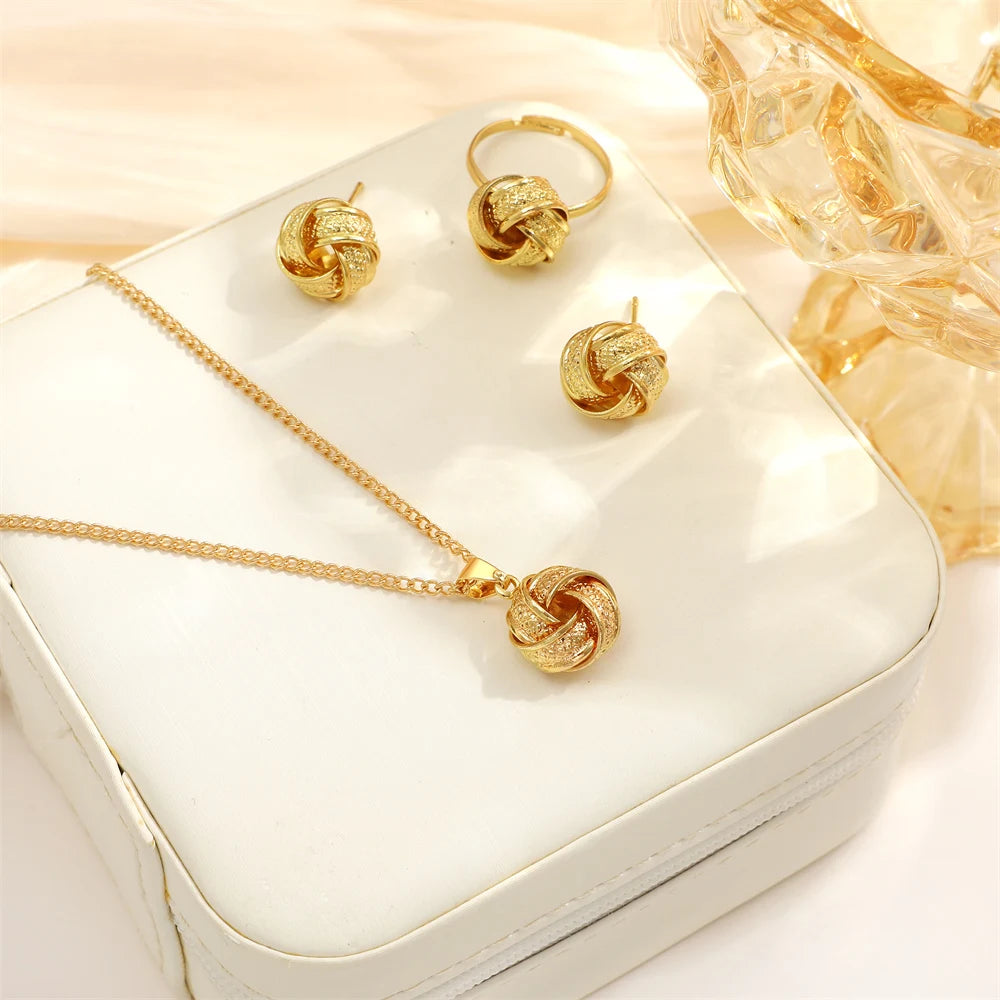 Gold Color Alloy Metal Twist Lucky Knot Earrings Necklace Ring Jewelry Set for Women Girls Trendy Geometric Vintage Accesories