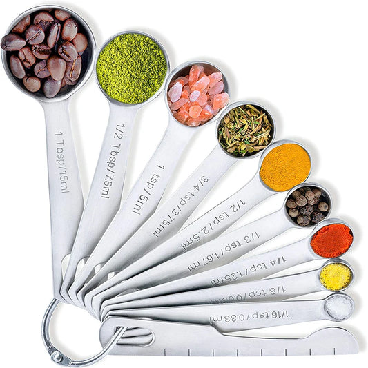 Stainless Steel Measuring Spoons Cups Set Small Tablespoon with Bonus Leveler Etched Markings Removable Clasp Kitchen Gadgets