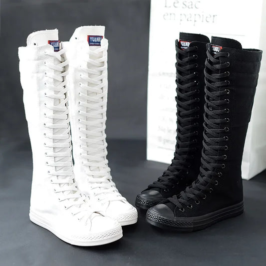 New Spring Autumn Women Shoe Canvas Casual High Top Shoes Long Boot Lace-Up Zipper Comfortable Flat Boot Sneakers Tenis Feminino
