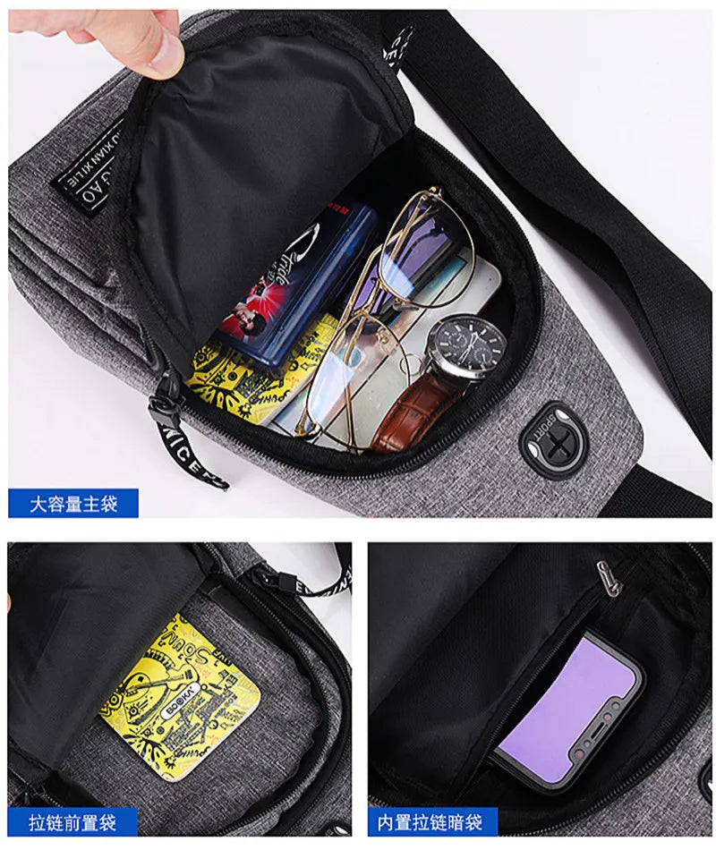 Men's Bag Solid Color Men's Chest Bag Outdoor Casual Fashionable Small Satchel Canvas Handbag Zipper Messenger Fashion Bags