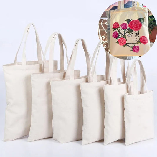 Large Capacity Canvas Shopping Bags Folding Eco-Friendly Cotton Tote Bags Reusable DIY Shoulder Bag Grocery Handbag Beige White