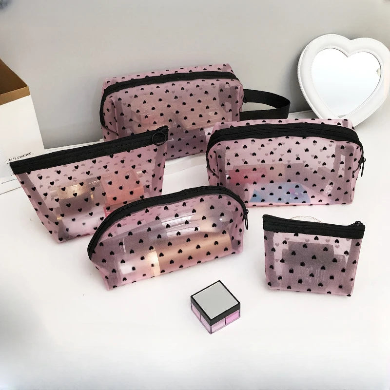 Heart-Shaped Nylon Mesh Cosmetic Bag Portable Toiletry Organizer Makeup Bag Multifunctional Women Lipstick Key Coin Purse Pouch