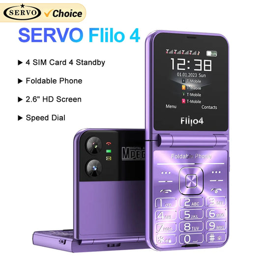 SERVO Flilo4 Flip Cellphone Four SIM Card GSM Cellular Network Flashlight Speed Dial Magic Voice Foldable Mobile Phone Low Price