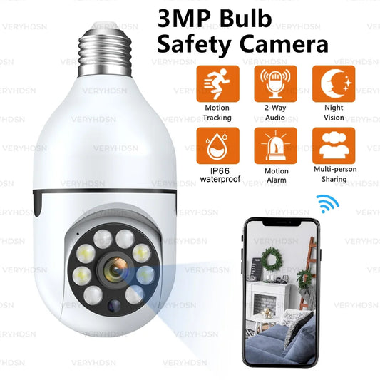 3MP Wifi E27 Bulb Camera IP CCTV Video Surveillance Camera 4X Digital Zoom Auto Tracking Two Way Audio Color Night Vision Indoor