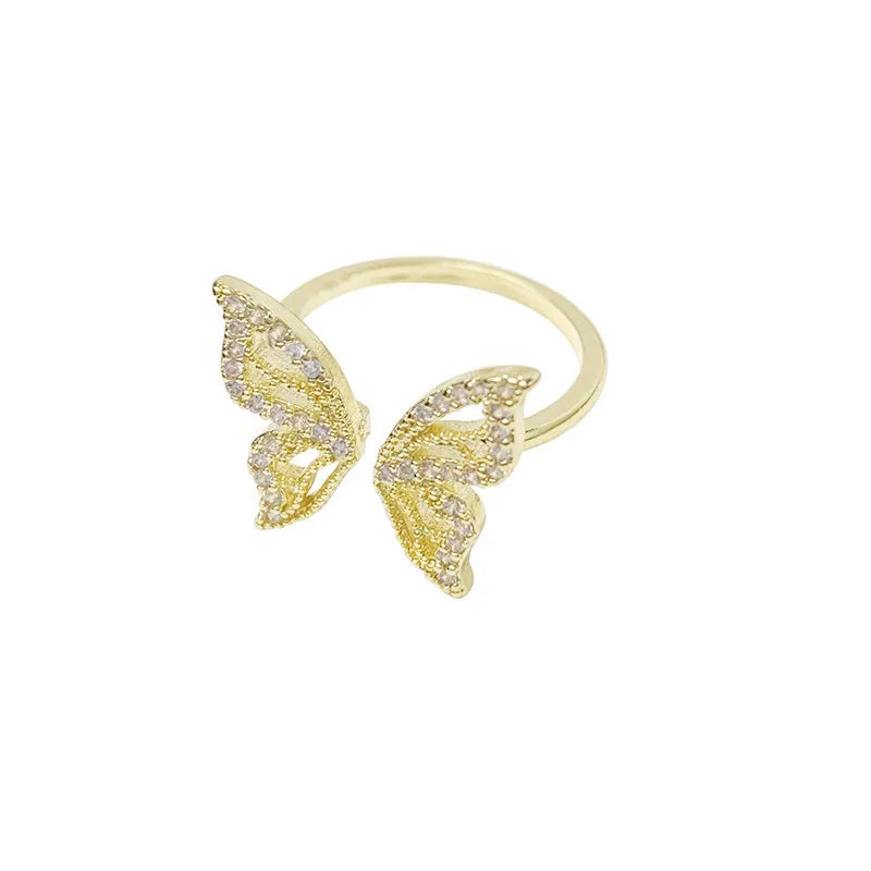 Korean Gold Color Hollow Butterfly CZ Ring for Women Adjustable Open Design Pave Zircon Butterfly Ring Wedding Jewelry Gift