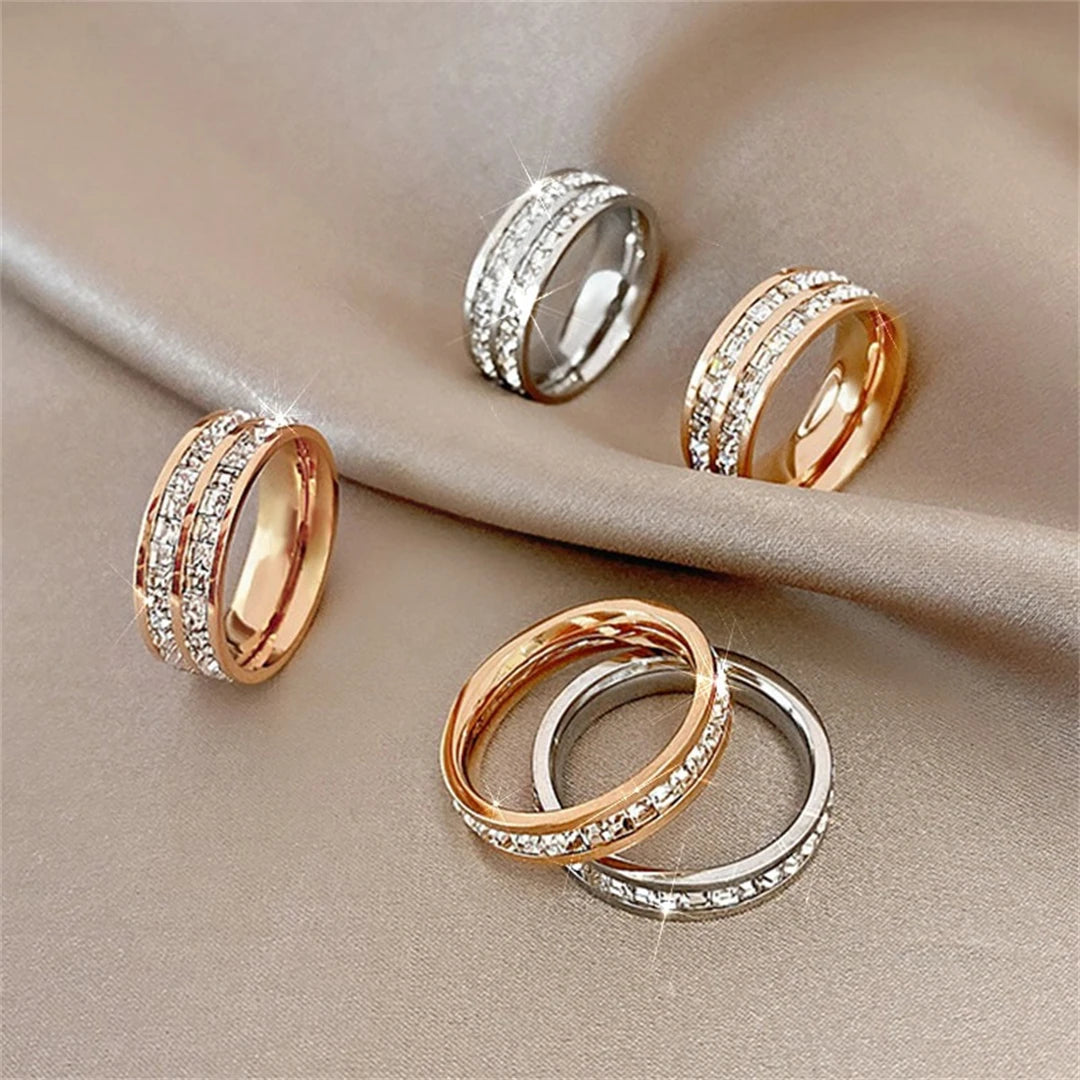 Luxury Rose Gold Double Rowed Square Zircon Stainless Steel Ring Women's Romantic Engagement Wedding Party Jewelry Women Gift