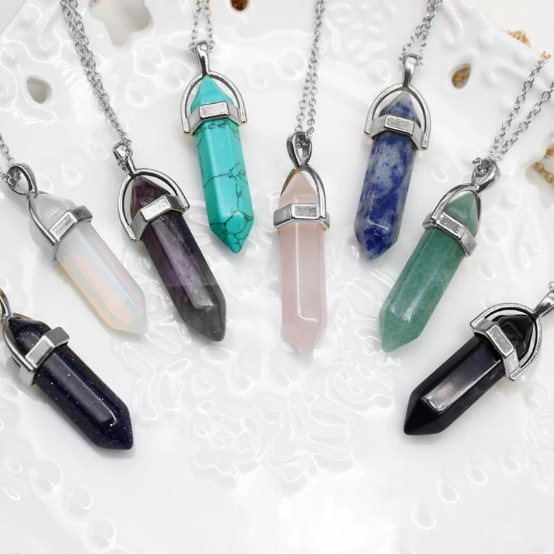 Hexagon Shaft Quartz Pendant Necklaces - Vintage Natural Stone Crystal Jewelry for Women