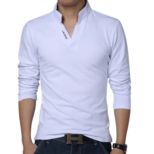 Big Size S-5XL Mens Fashion Boutique Cotton Leisure Stand Collar Long Sleeve POLO Shirts Male Pure Color V-neck POLO Shirts