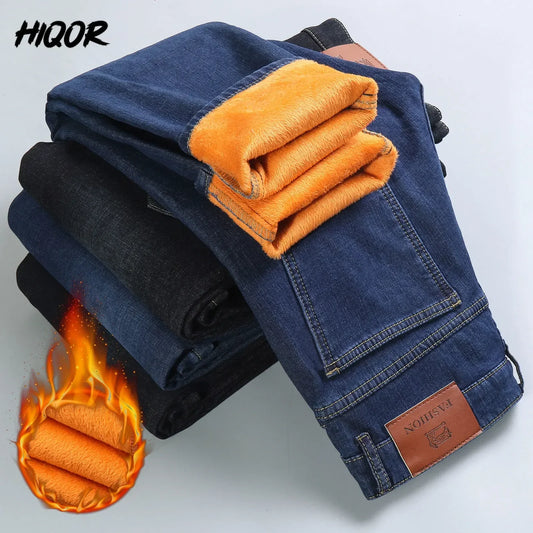 HIQOR Winter Warm Fleece Men‘s Jeans Classic Straight Black Baggy Jeans Denim Trousers Overalls Jean Cotton Y2k Style Man Pants