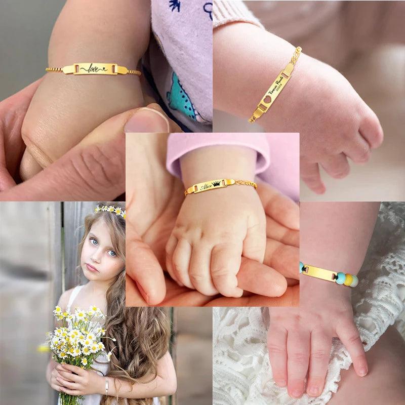 Personalized baby name bracelets made of hypoallergenic stainless steel