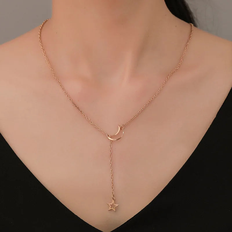 Simple gold color alloy charm chain necklace for women