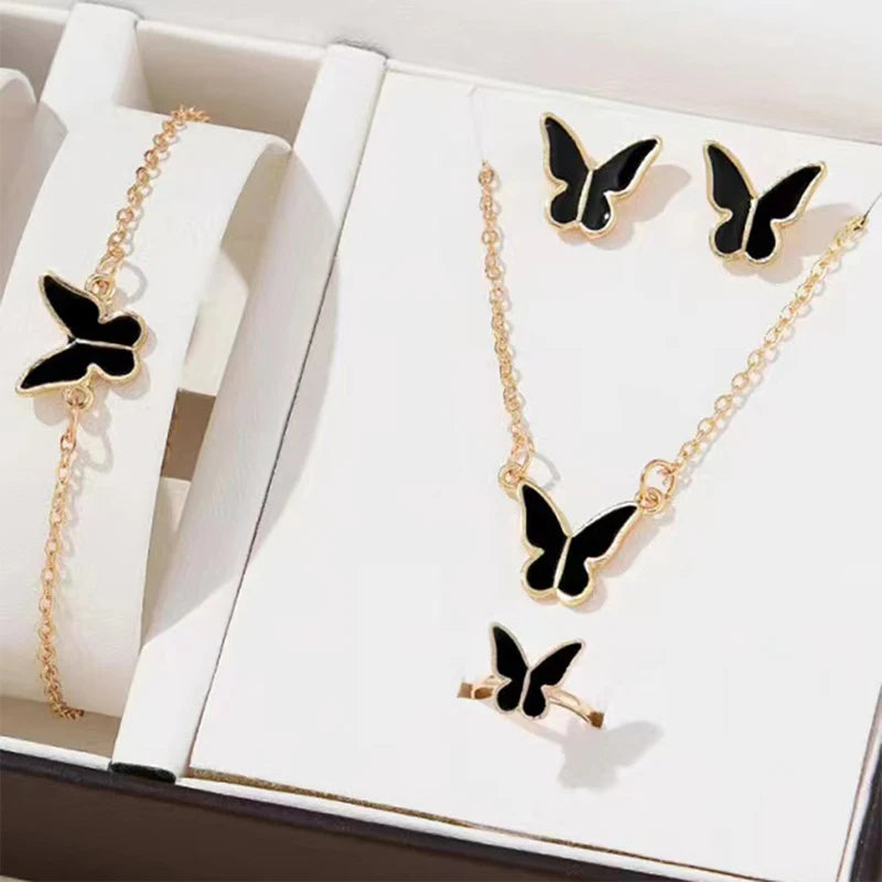 Women's 5 Piece Butterfly Jewelry Set: Necklace, Earrings, Ring and Bracelet