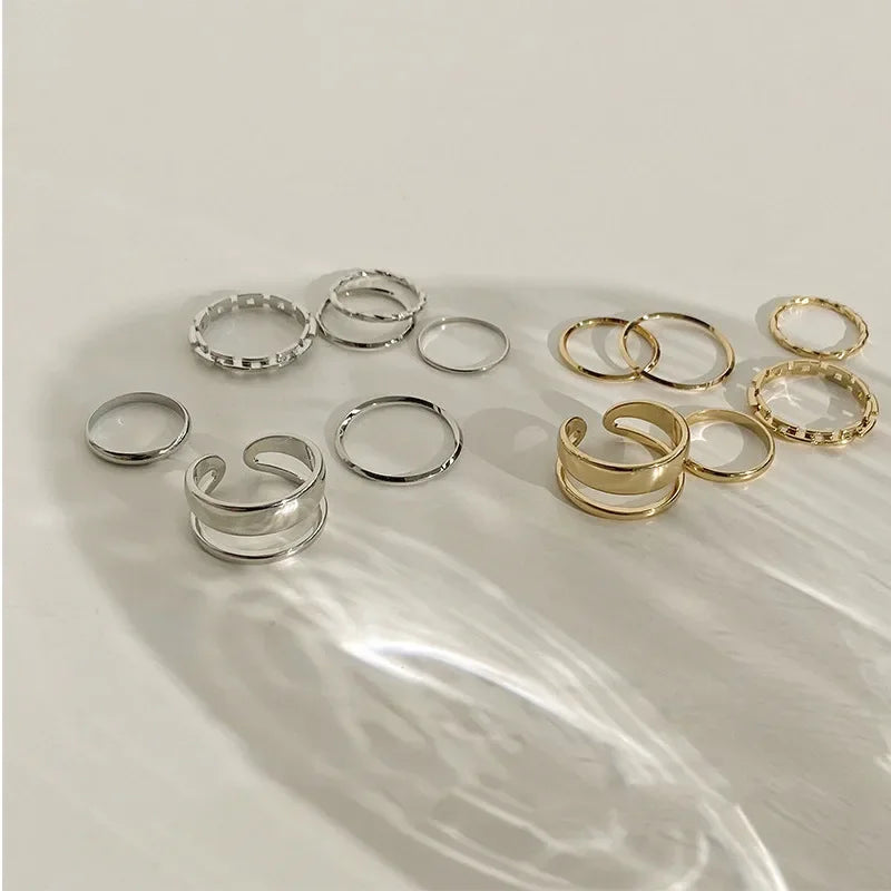 LATS 7pcs Fashion Jewelry Rings Set Hot Selling Metal Hollow Round Opening Women Finger Ring for Girl Lady Party Wedding Gifts