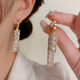 Shiny gold tone stainless steel square zircon hoop earrings for women