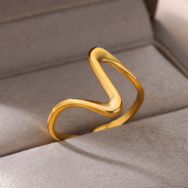 Vintage Geometric Wave Rings For Women Stainless Steel Gold Color Adjustable Rock Ring Aesthetic Wedding Jewelry Gift bijoux