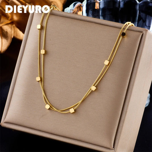 DIEYURO 316L Stainless Steel 2 In 1 Small Cube Chains Necklace For Women New Gold Silver Color Girls Choker Party Jewelry Gifts