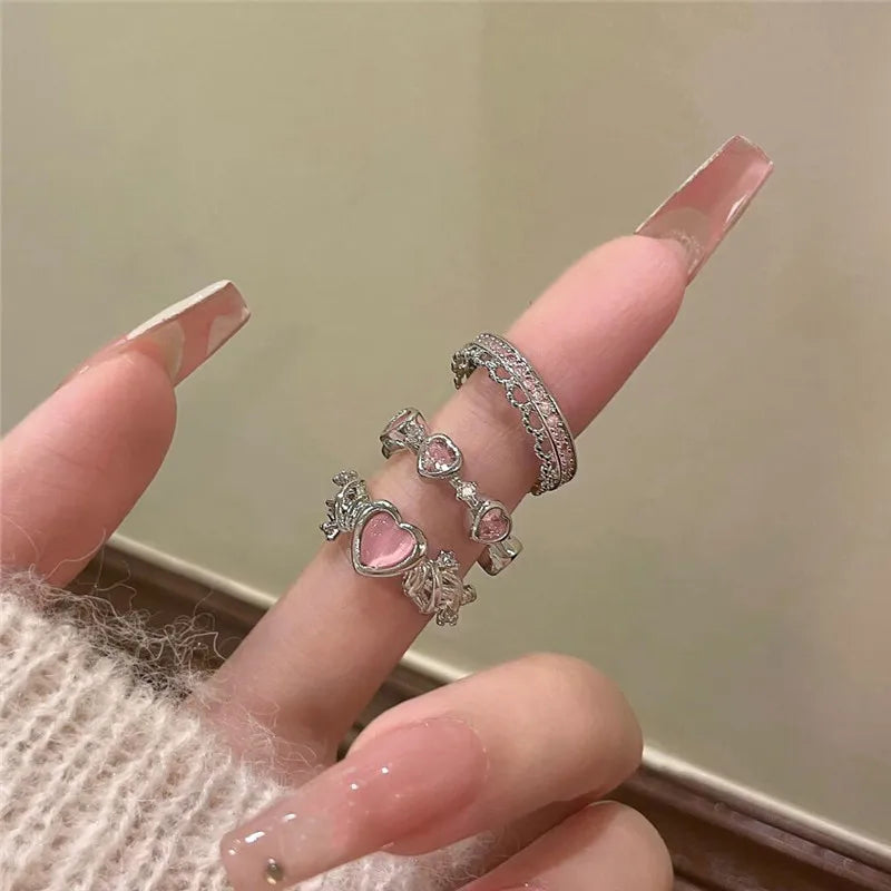 2023 Pink Crystal Irregular Heart Rings Vintage Zircon Opal Love Open Ring Y2K Shiny Zircon Rings for Women Party Jewelry Gift