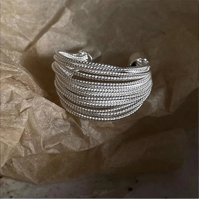 Adjustable silver plated unique lines ring for women