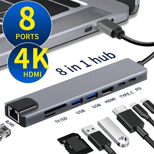 USB C Hub 8 In 1 Type C 3.1 To 4K HDMI Adapter with RJ45 SD/TF Card Reader PD Fast Charge for MacBook Notebook Laptop Computer