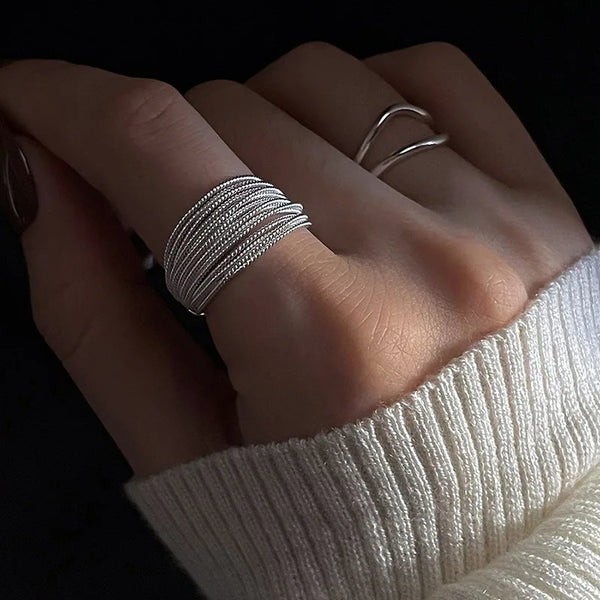 Adjustable silver plated unique lines ring for women