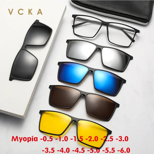 VCKA Big Square Myopia Sunglasses Men Polarized 6 In 1 Women Optical Magnetic Clip on Prescription Glasses Frame -0.5 TO -10