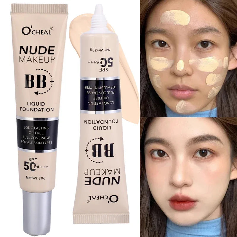 1PC Long-lasting Moisturizing BB Cream Liquid Foundation, Waterproof Coverage for Acne Spots, Natural Matte Face Base Makeup and Concealer.