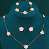 Lucky Five-Petal Flower and Five Leaf Clover Jewelry Set: Bracelet, Earrings and Necklace for Women